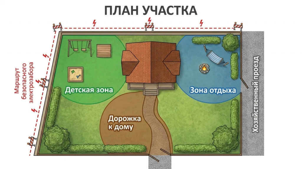 Схема безопасного размещения электропастуха вдали от детской зоны и проходов