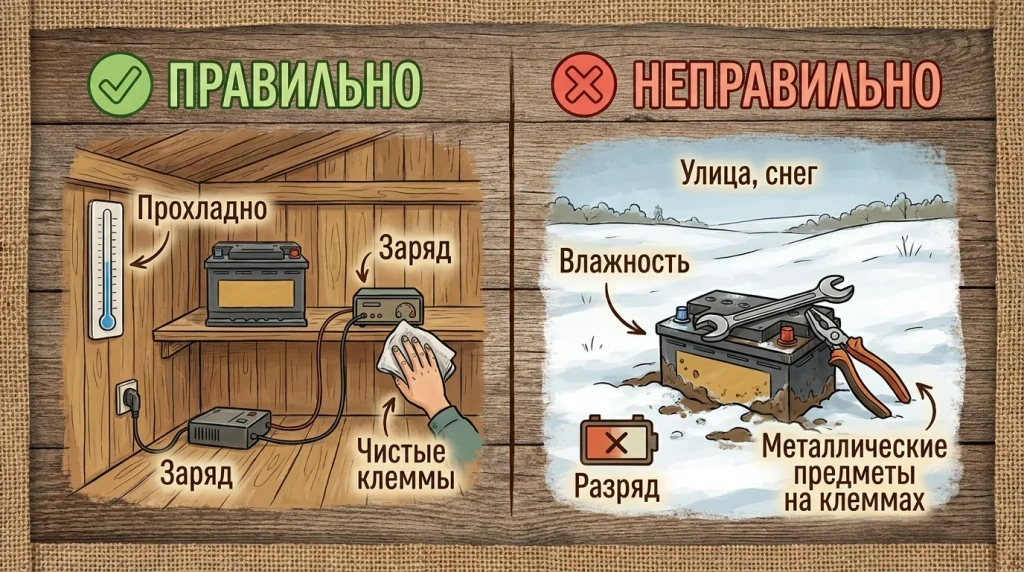 Сравнение правильного и неправильного хранения аккумулятора электропастуха зимой Сравнение правильного и неправильного хранения аккумулятора электропастуха зимой