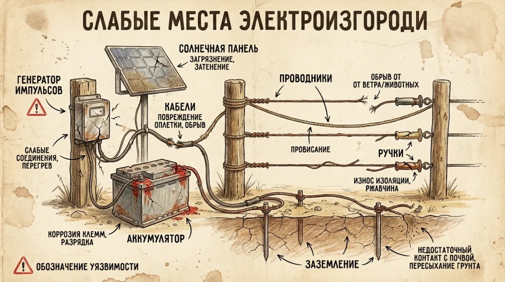 Уязвимые элементы электропастуха генератор аккумулятор солнечная панель и проводники